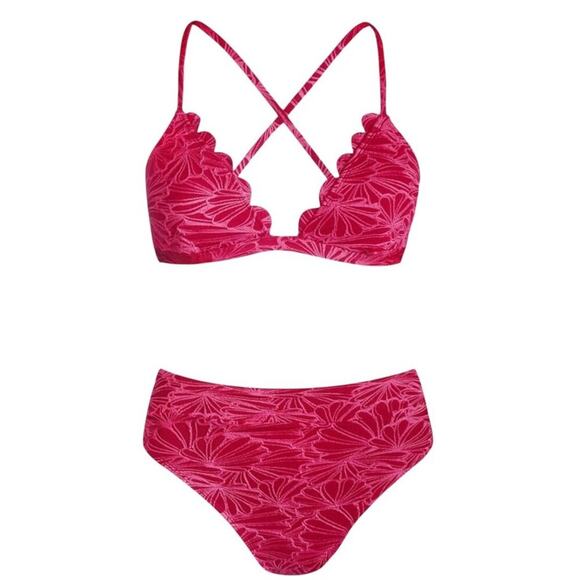 Cupshe XS Pink Floral Bikini Set Women’s 2-Piece Scalloped V-Neck High Waist - Picture 3 of 8